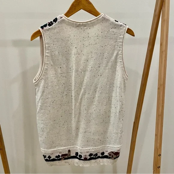 Vintage Speckled Floral Cottage House Tree Print Button Front Sweater Vest Cream - Picture 4 of 6